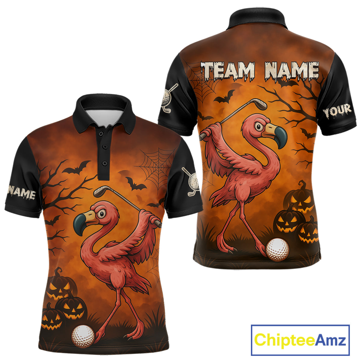 Black and Orange Funny Flamingo Golf Polo Shirt For Men Custom Halloween Golf Attire Golfing Gifts NQS10701