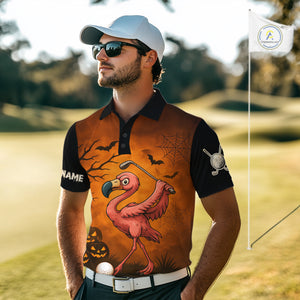 Black and Orange Funny Flamingo Golf Polo Shirt For Men Custom Halloween Golf Attire Golfing Gifts NQS10701