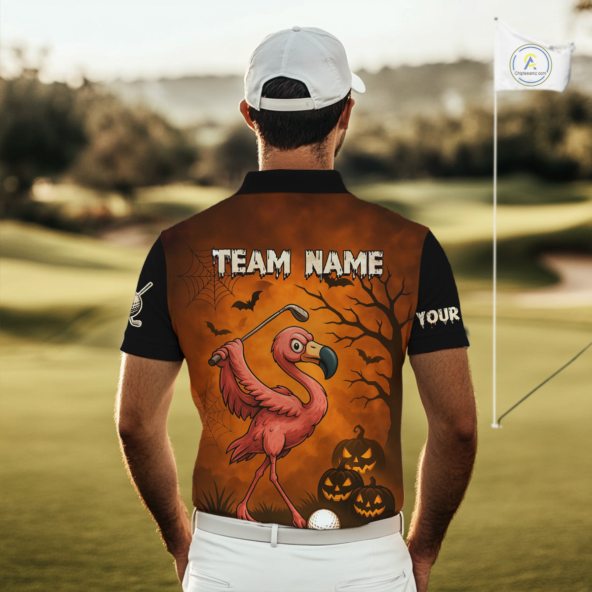Black and Orange Funny Flamingo Golf Polo Shirt For Men Custom Halloween Golf Attire Golfing Gifts NQS10701