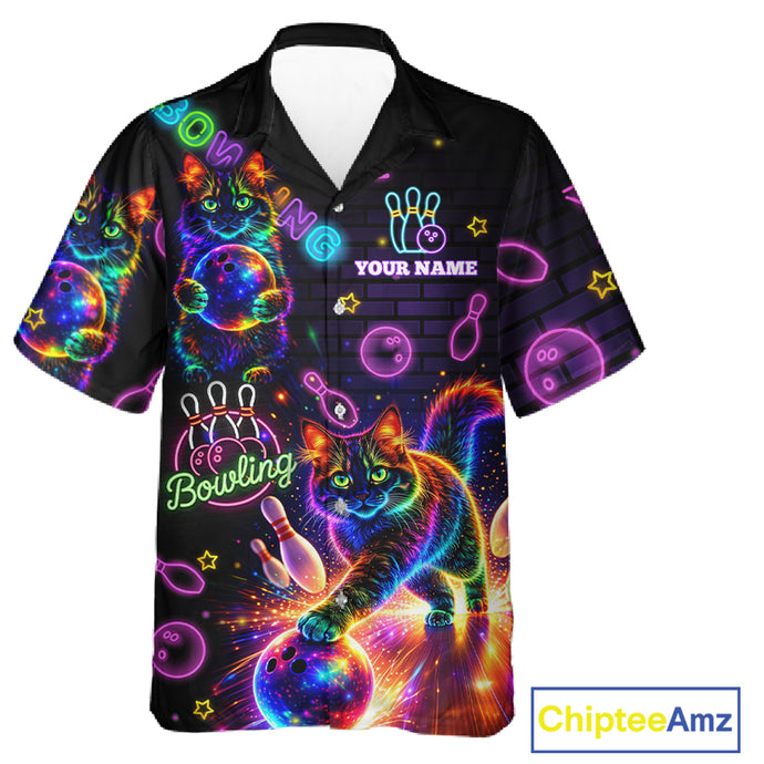 Custom Funny Cat Neon Hawaiian Bowling Jerseys Bowling Outfit, Bowling Team button up Shirts NQS11515
