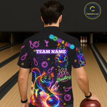 Load image into Gallery viewer, Custom Funny Cat Neon Hawaiian Bowling Jerseys Bowling Outfit, Bowling Team button up Shirts NQS11515