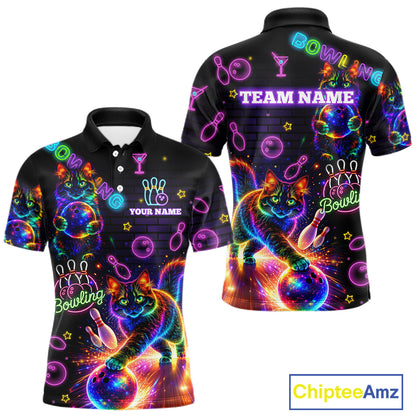 Custom Funny Cat Neon Bowling Jerseys for Men Bowling Outfit Polo & 1/4 Zip Bowling Team Shirts NQS11515