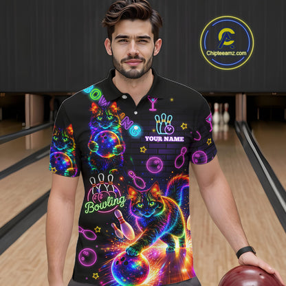 Custom Funny Cat Neon Bowling Jerseys for Men Bowling Outfit Polo & 1/4 Zip Bowling Team Shirts NQS11515