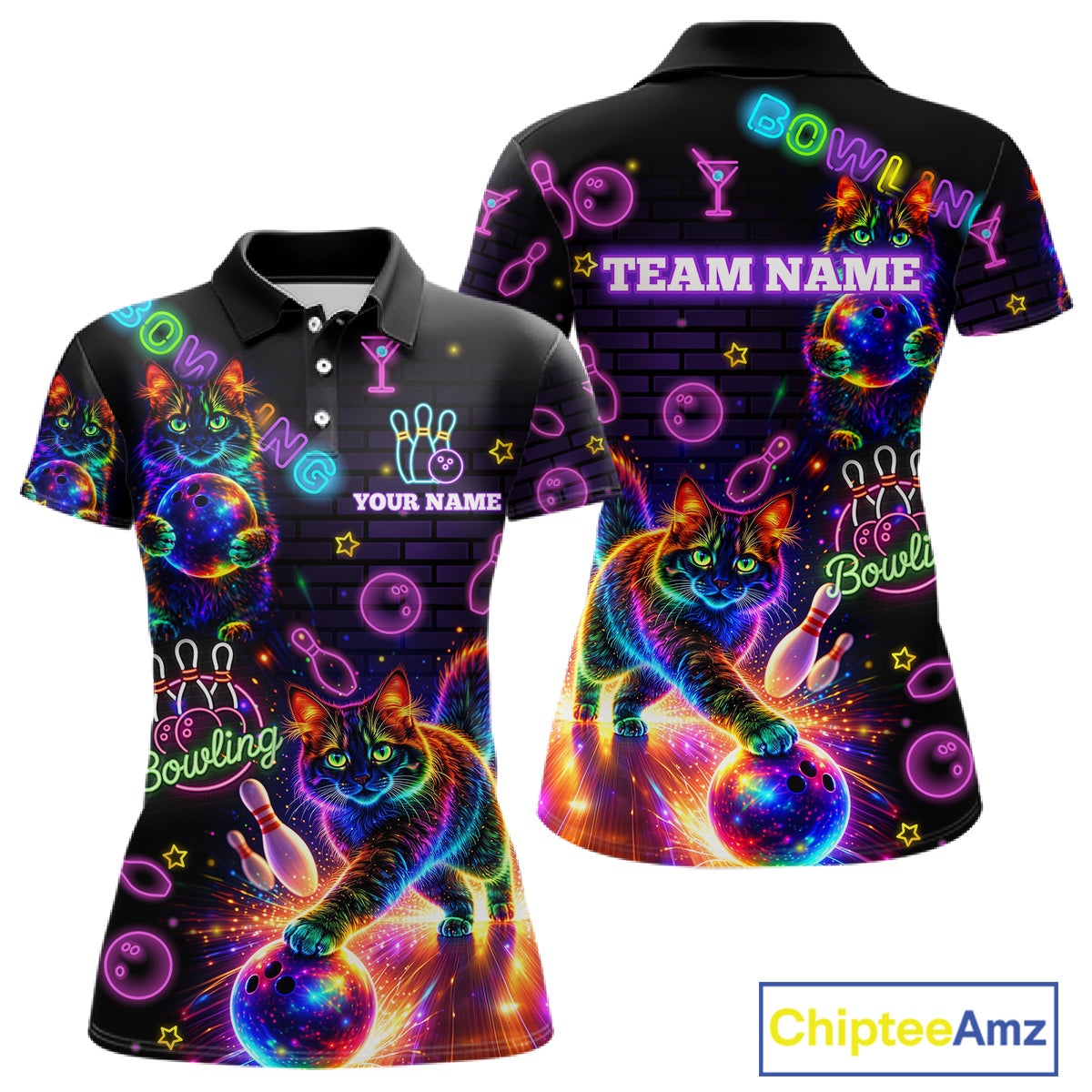 Custom Funny Cat Neon Bowling Jerseys for Ladies Bowling Outfit Polo & 1/4 Zip Bowling Team Shirts NQS11515