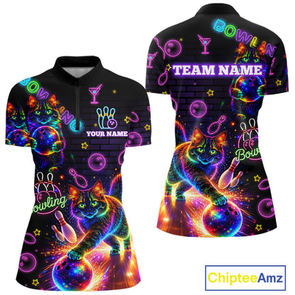 Custom Funny Cat Neon Bowling Jerseys for Ladies Bowling Outfit Polo & 1/4 Zip Bowling Team Shirts NQS11515