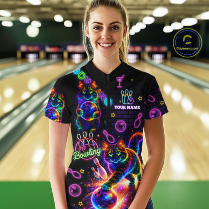 Custom Funny Cat Neon Bowling Jerseys for Ladies Bowling Outfit Polo & 1/4 Zip Bowling Team Shirts NQS11515