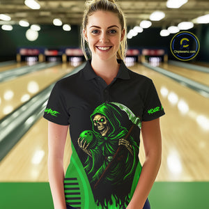Black and Green Flame Skull Reaper Bowling Polo, 1/4 Zip shirt for Women Custom team bowling jersey NQS10712