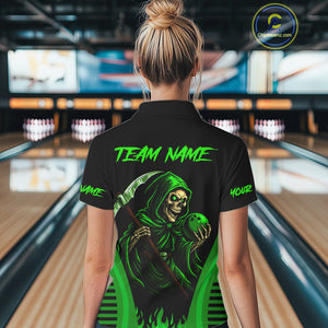 Black and Green Flame Skull Reaper Bowling Polo, 1/4 Zip shirt for Women Custom team bowling jersey NQS10712