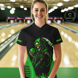 Black and Green Flame Skull Reaper Bowling Polo, 1/4 Zip shirt for Women Custom team bowling jersey NQS10712