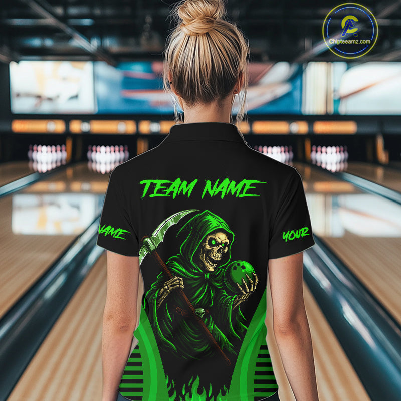 Black and Green Flame Skull Reaper Bowling Polo, 1/4 Zip shirt for Women Custom team bowling jersey NQS10712