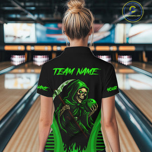 Black and Green Flame Skull Reaper Bowling Polo, 1/4 Zip shirt for Women Custom team bowling jersey NQS10712