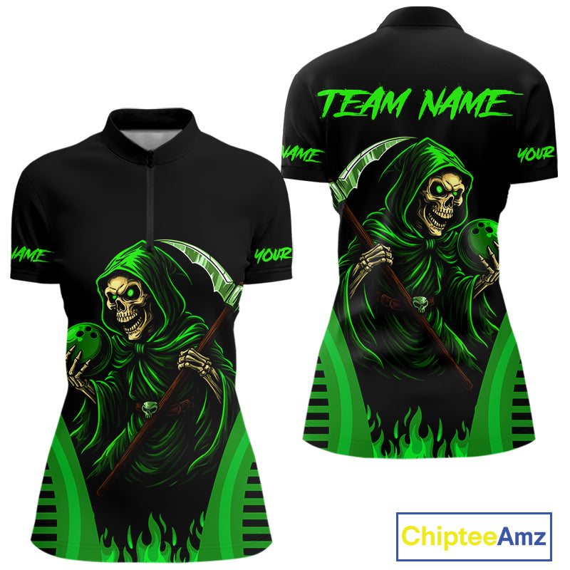 Black and Green Flame Skull Reaper Bowling Polo, 1/4 Zip shirt for Women Custom team bowling jersey NQS10712