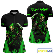 Load image into Gallery viewer, Black and Green Flame Skull Reaper Bowling Polo, 1/4 Zip shirt for Women Custom team bowling jersey NQS10712