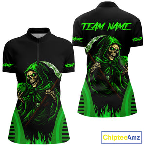 Black and Green Flame Skull Reaper Bowling Polo, 1/4 Zip shirt for Women Custom team bowling jersey NQS10712