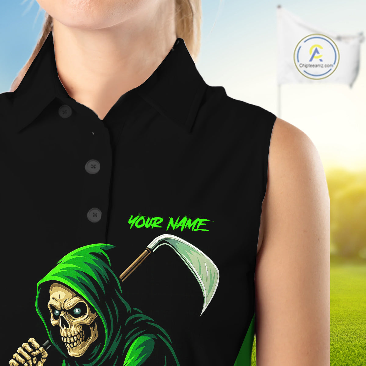Black and Green Flame Skull Reaper Women Sleeveless Polo Shirt Custom team golf outfits for ladies NQS10713