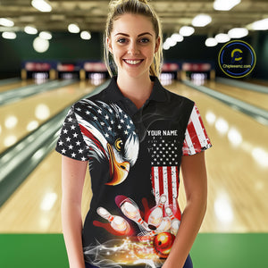 American Flag smoke Eagle Bowling Polo, 1/4 zip Shirts For Women Custom patriotic Bowling team jersey NQS10719