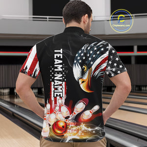 American Flag smoke Eagle Bowling Polo, 1/4 zip Shirts For Men Custom patriotic Bowling team jerseys NQS10719