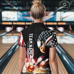 American Flag smoke Eagle Bowling Polo, 1/4 zip Shirts For Women Custom patriotic Bowling team jersey NQS10719