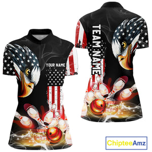 American Flag smoke Eagle Bowling Polo, 1/4 zip Shirts For Women Custom patriotic Bowling team jersey NQS10719