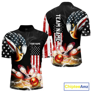 American Flag smoke Eagle Bowling Polo, 1/4 zip Shirts For Men Custom patriotic Bowling team jerseys NQS10719