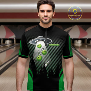 Black and Green ufo alien Bowling Mens Bowling Polo, quarter zip Shirts Custom Bowling Team Jersey NQS10726
