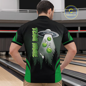Black and Green ufo alien Bowling Mens Bowling Polo, quarter zip Shirts Custom Bowling Team Jersey NQS10726