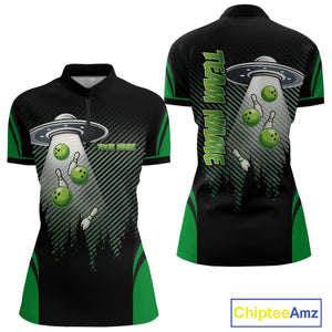 Black and Green ufo alien Bowling Women Bowling Polo, quarter zip Shirts Custom Bowling Team Jersey NQS10726