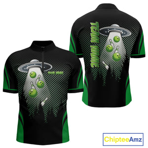 Black and Green ufo alien Bowling Mens Bowling Polo, quarter zip Shirts Custom Bowling Team Jersey NQS10726