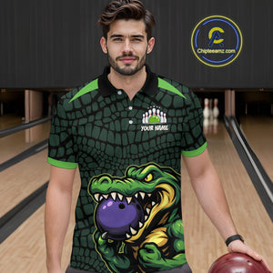 Green Alligator Bowling Polo, Quarter Zip shirts for Men Custom Team bowling uniform jersey NQS10734