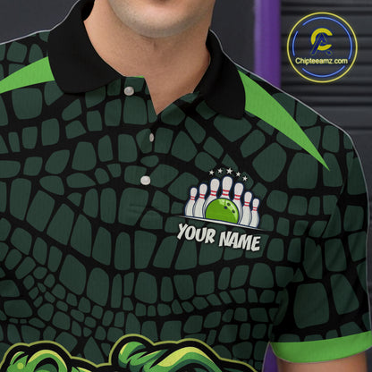Green Alligator Bowling Polo, Quarter Zip shirts for Men Custom Team bowling uniform jersey NQS10734