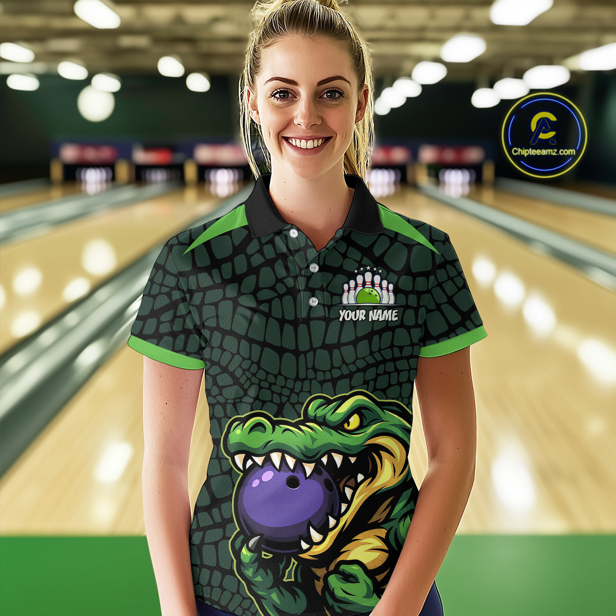 Green Alligator Bowling Polo, Quarter Zip shirts for Women Custom Team bowling uniform jersey NQS10734