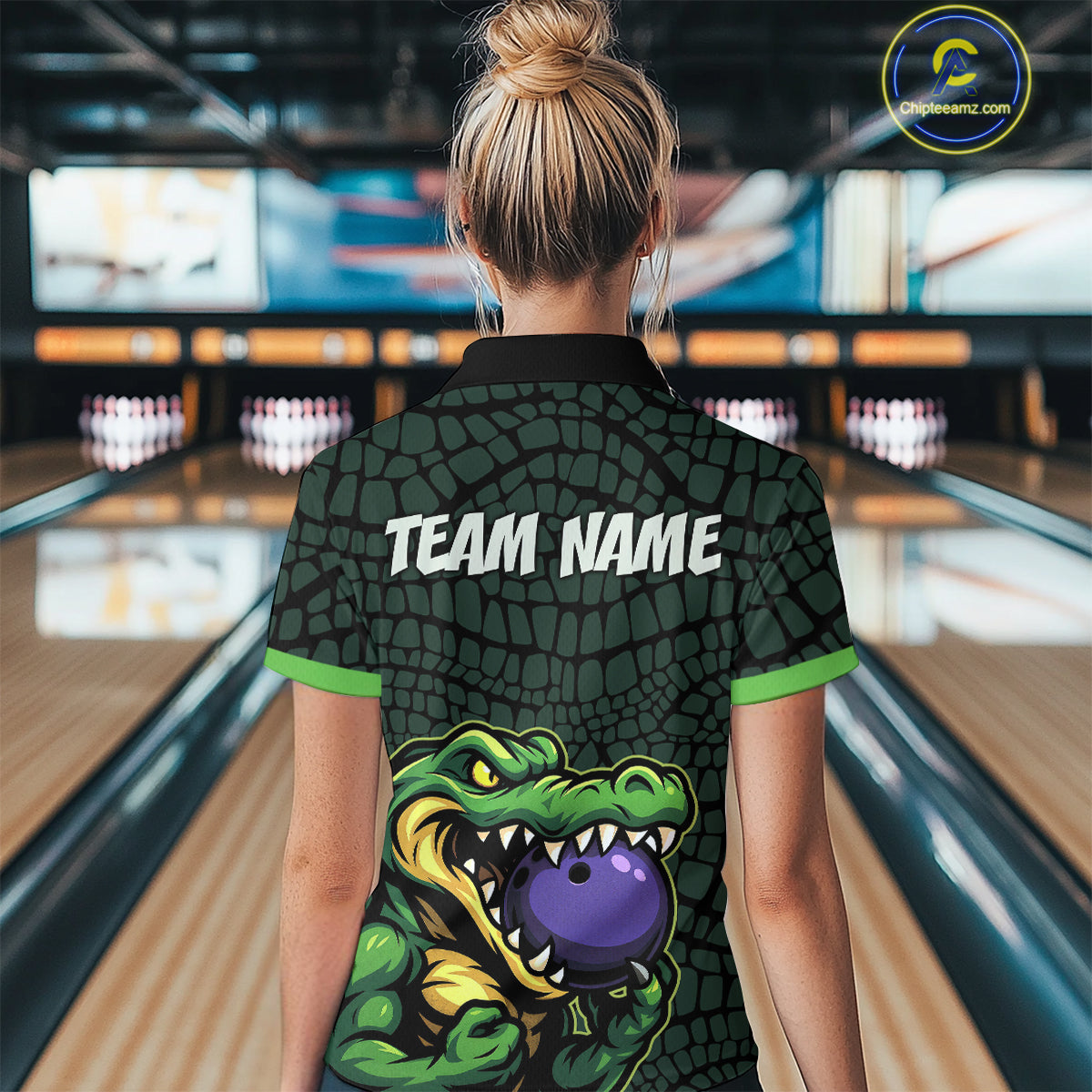 Green Alligator Bowling Polo, Quarter Zip shirts for Women Custom Team bowling uniform jersey NQS10734