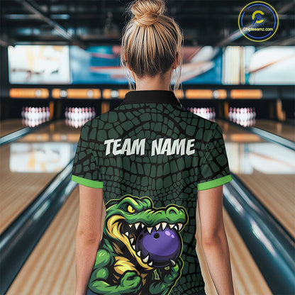 Green Alligator Bowling Polo, Quarter Zip shirts for Women Custom Team bowling uniform jersey NQS10734