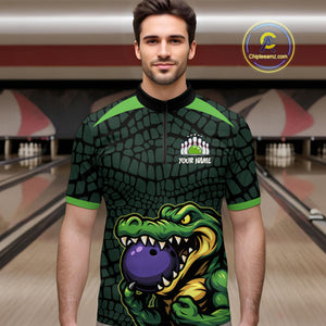 Green Alligator Bowling Polo, Quarter Zip shirts for Men Custom Team bowling uniform jersey NQS10734
