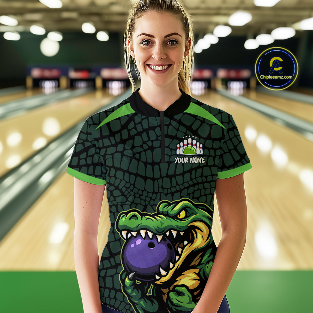 Green Alligator Bowling Polo, Quarter Zip shirts for Women Custom Team bowling uniform jersey NQS10734