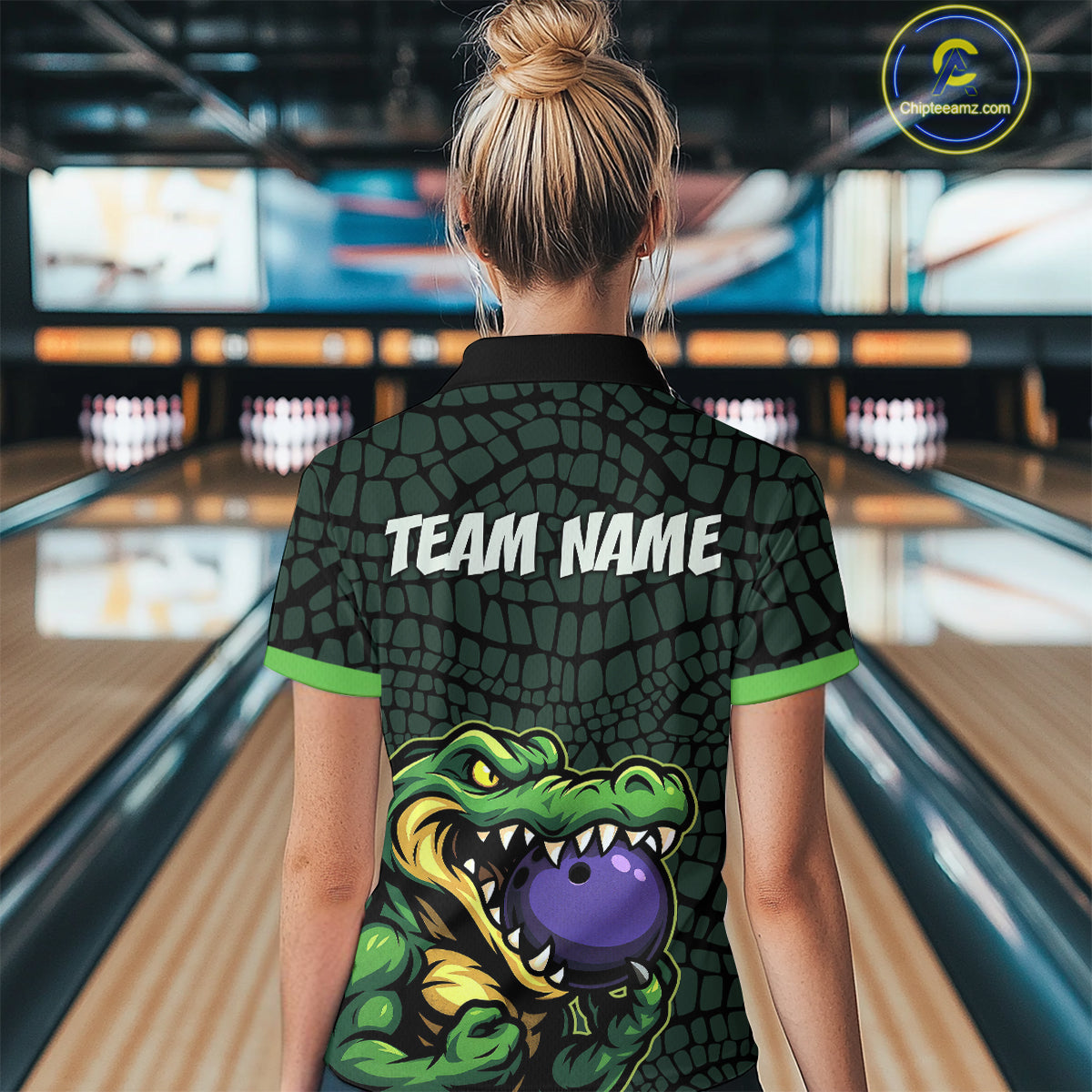 Green Alligator Bowling Polo, Quarter Zip shirts for Women Custom Team bowling uniform jersey NQS10734