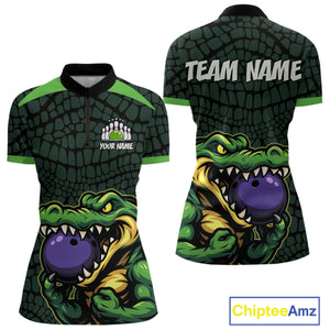 Green Alligator Bowling Polo, Quarter Zip shirts for Women Custom Team bowling uniform jersey NQS10734