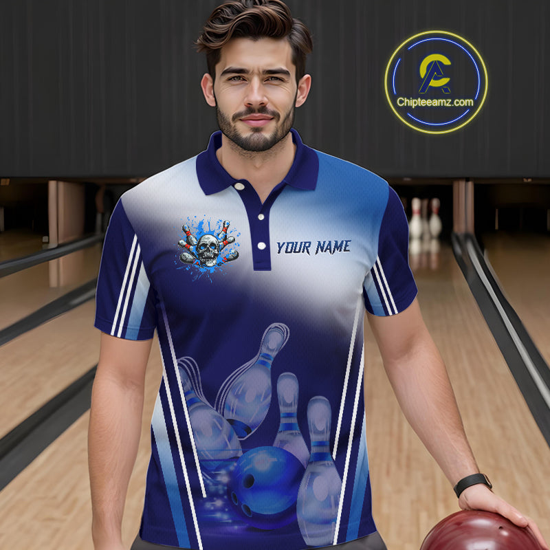 Personalized Blue Gradient Skull Bowling Shirts For Men Custom Bowling Team Jerseys Gift For Bowlers NQS11138