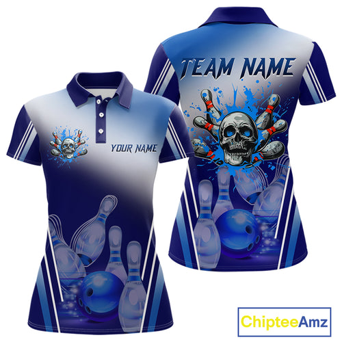 Personalized Blue Gradient Skull Bowling Shirts For Women Custom Bowling Team Jerseys Gift For Bowler NQS11138