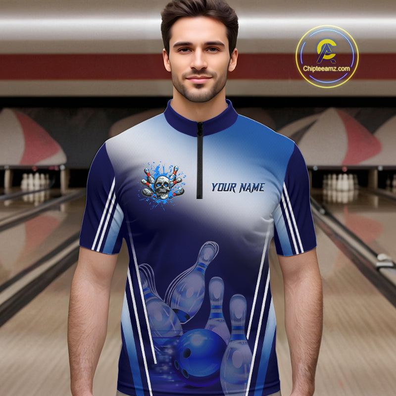 Personalized Blue Gradient Skull Bowling Shirts For Men Custom Bowling Team Jerseys Gift For Bowlers NQS11138