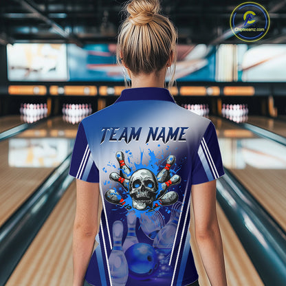 Personalized Blue Gradient Skull Bowling Shirts For Women Custom Bowling Team Jerseys Gift For Bowler NQS11138