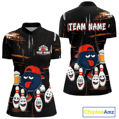 Custom Black And Orange Funny Beer Bowling Women Polo, Quarter Zip Shirts, funny bowling shirts NQS10959