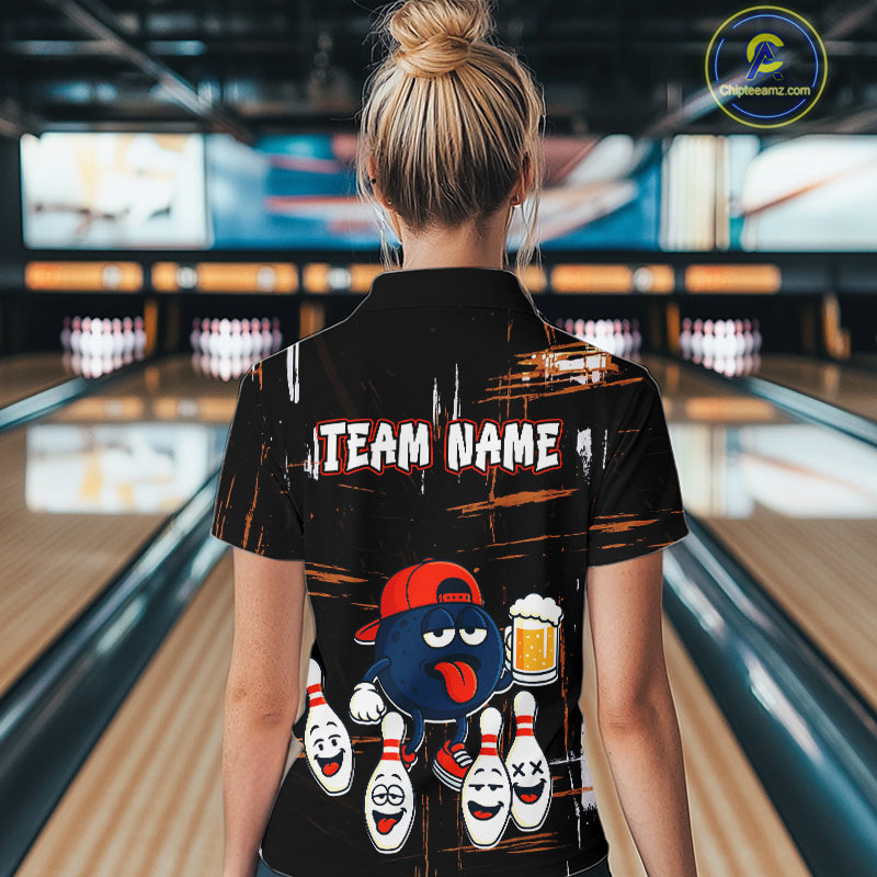 Custom Black And Orange Funny Beer Bowling Women Polo, Quarter Zip Shirts, funny bowling shirts NQS10959
