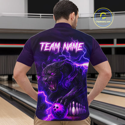 Purple Thunder Lightning Custom Panther Bowling Polo, 1/4 zip Shirts For Men, Panther Bowling Jerseys NQS10789