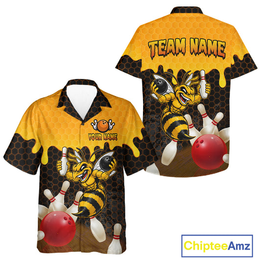 Custom Black and Yellow Honey Pattern Angry Bee Bowling Team Button-up Shirt, Bowling League Shirts NQS11705