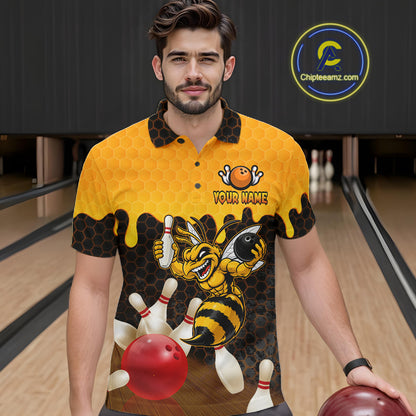 Custom Black and Yellow Honey Pattern Angry Bee Bowling Team Shirts For Men, Bowling League Shirts NQS11705