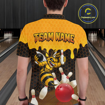 Custom Black and Yellow Honey Pattern Angry Bee Bowling Team Shirts For Men, Bowling League Shirts NQS11705