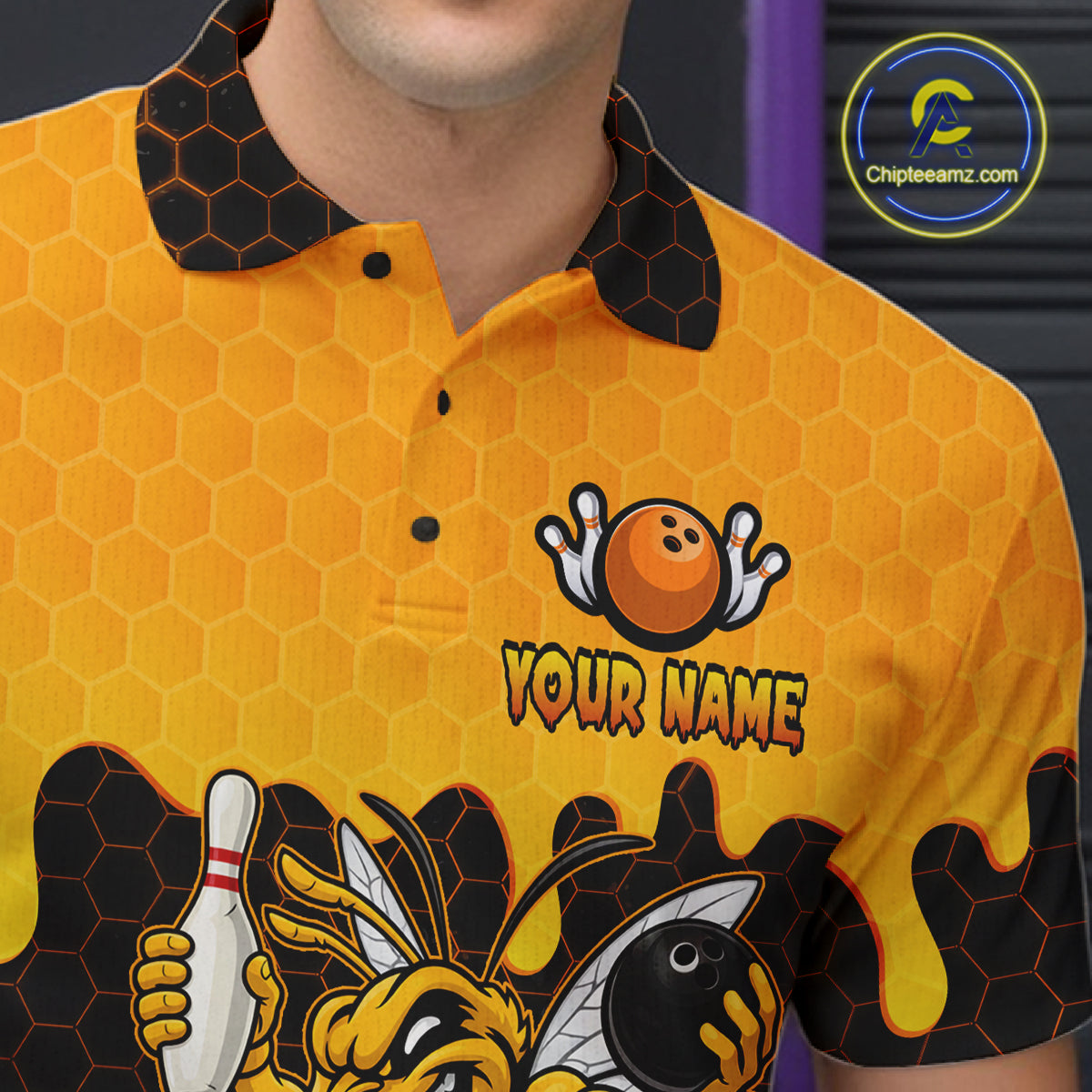 Custom Black and Yellow Honey Pattern Angry Bee Bowling Team Shirts For Men, Bowling League Shirts NQS11705