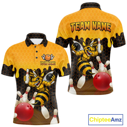 Custom Black and Yellow Honey Pattern Angry Bee Bowling Team Shirts For Men, Bowling League Shirts NQS11705