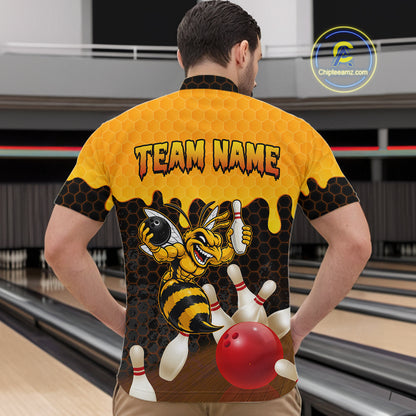 Custom Black and Yellow Honey Pattern Angry Bee Bowling Team Shirts For Men, Bowling League Shirts NQS11705